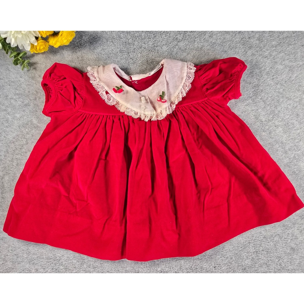 Tiny World Dress 0-6m Red Vintage 70s Cherry Embroidery Lace Collar Velvet Peter